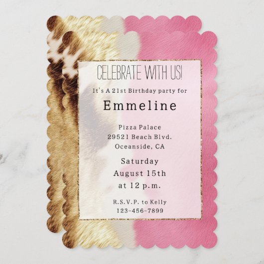 ウエスタンピンククリーム金ゴールド女性のカーボーイ牛革 招待状 (正面/裏面)