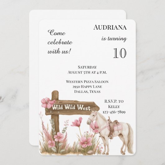 ウエスタンピンクフローラワイルドウエストホース誕生日 招待状 (正面/裏面)