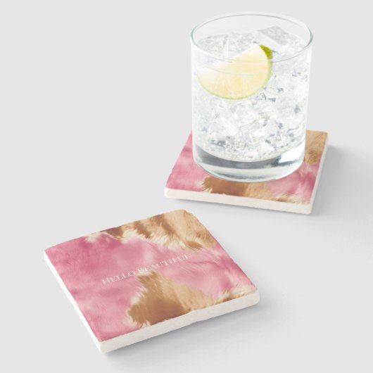 ウエスタンピンクブラウンクリーム女性のカーボーイ牛革 ストーンコースター (横)