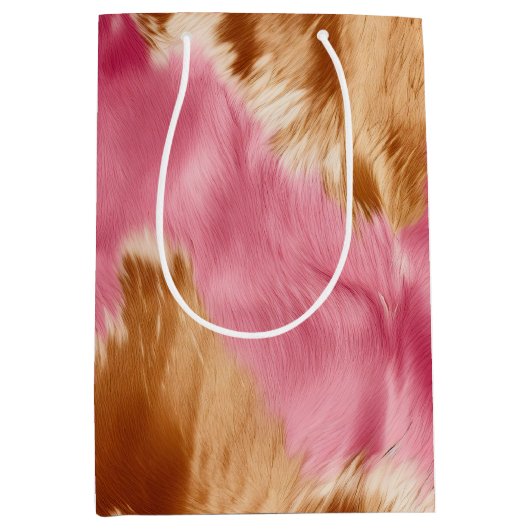 ウエスタンピンクブラウンクリーム女性のカーボーイ牛革 ミディアムペーパーバッグ (正面)