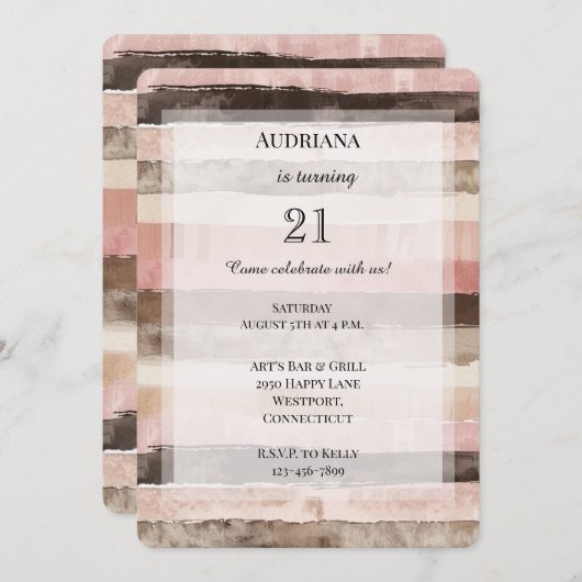 ウエスタンピンクブラウンストライプ誕生日 招待状 (正面/裏面)