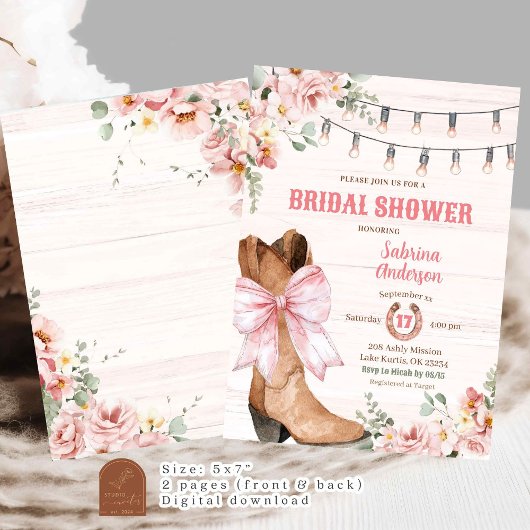 ウエスタンピンクブーツアンドボウブライダルシャワー 招待状