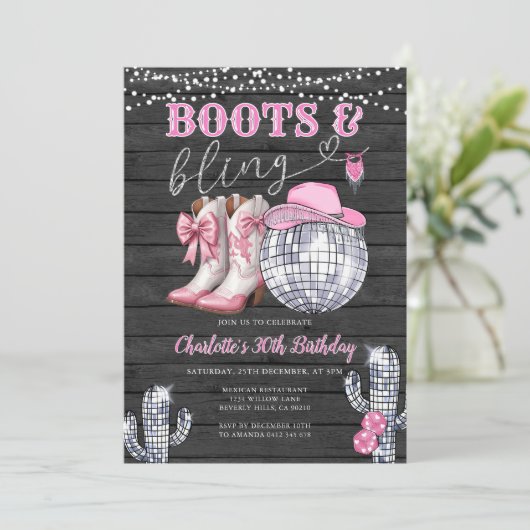 ウエスタンピンクブーツ&きらきら光る女性のカーボーイサボテン誕生日 招待状 (スタンド正面)