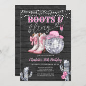 ウエスタンピンクブーツ&きらきら光る女性のカーボーイサボテン誕生日 招待状 (正面/裏面)