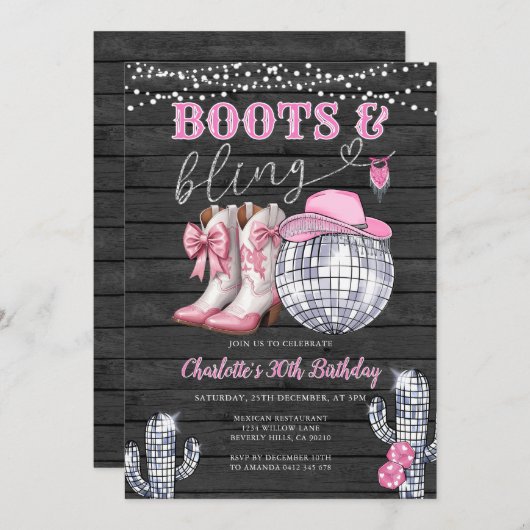 ウエスタンピンクブーツ&きらきら光る女性のカーボーイサボテン誕生日 招待状 (正面/裏面)