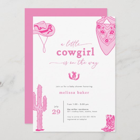 ウエスタンピンクリトル女性のカーボーイベビーシャワー招待状 招待状 (正面/裏面)