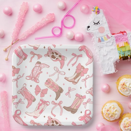 ウエスタンピンクロデオブーツにリボンの ブライダルシャワーパーティー ペーパープレート (パーティー)