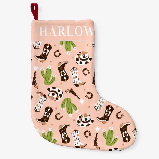 ウエスタンピンク女性のカーボーイサボテン砂漠 |モノグラム スモールクリスマスストッキング (正面)
