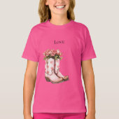 ウエスタンピンク女性のカーボーイフローラブーツ Tシャツ (正面)