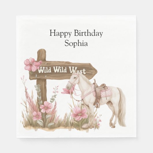 ウエスタンピンク女性のカーボーイワイルドウエストホース誕生日 スタンダードランチョンナプキン (正面)
