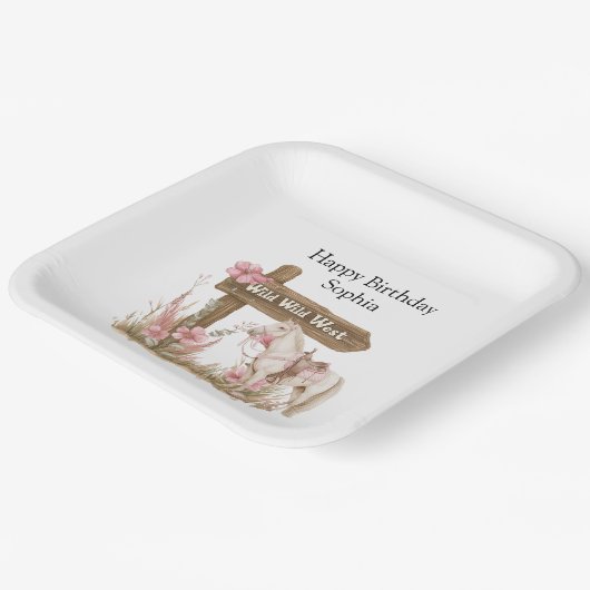 ウエスタンピンク女性のカーボーイワイルドウエストホース誕生日 ペーパープレート (傾斜あり)