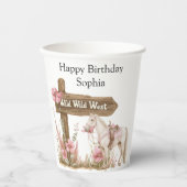 ウエスタンピンク女性のカーボーイワイルドウエストホース誕生日 紙コップ (正面)