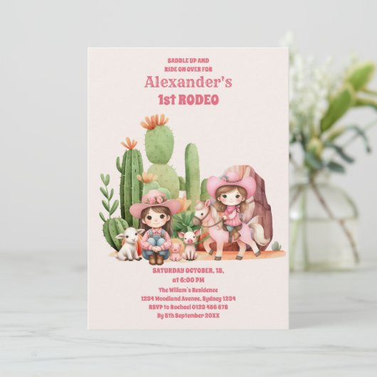 ウエスタンファースト女性のカーボーイピンク誕生日 招待状 (スタンド正面)