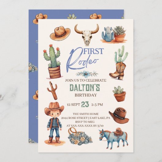 ウエスタンファースト誕生日ロデオカウボーイ誕生日 招待状 (正面/裏面)
