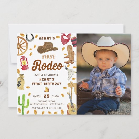 ウエスタンファースト誕生日ロデオベビー写真 招待状 (正面)