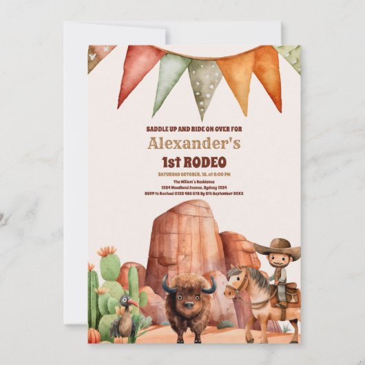 ウエスタンファースト誕生日ロデオ男の赤ちゃん 招待状 (正面)
