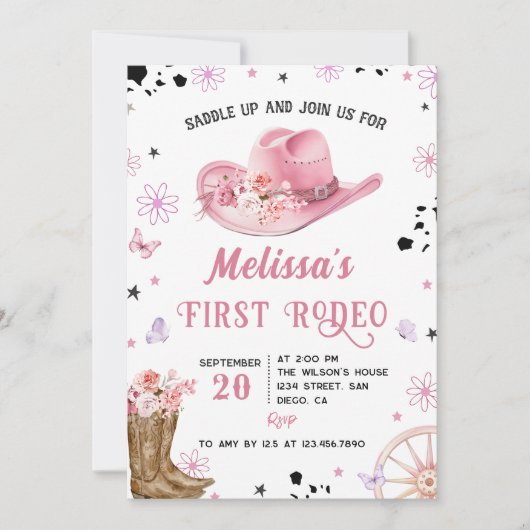 ウエスタンファーストRodeoワイルドウエスト女性のカーボーイ誕生日 招待状 (正面)