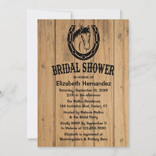 ウエスタンブライダルシャワーホースシューブラウンウッド 招待状 (正面)