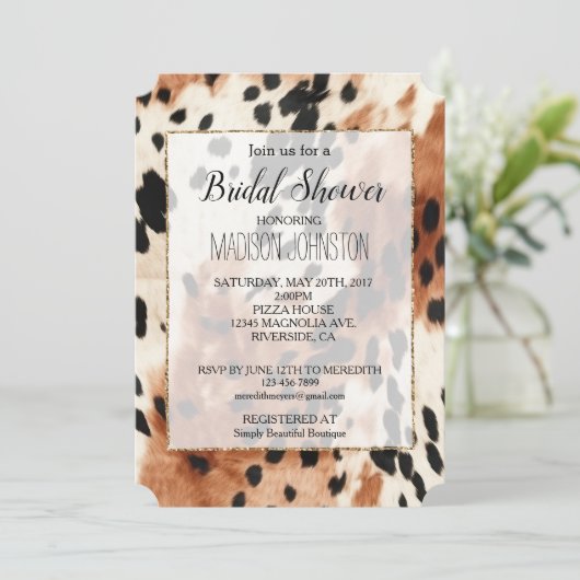 ウエスタンブラウンクリームアニマル女性のカーボーイ牛革 招待状 (スタンド正面)