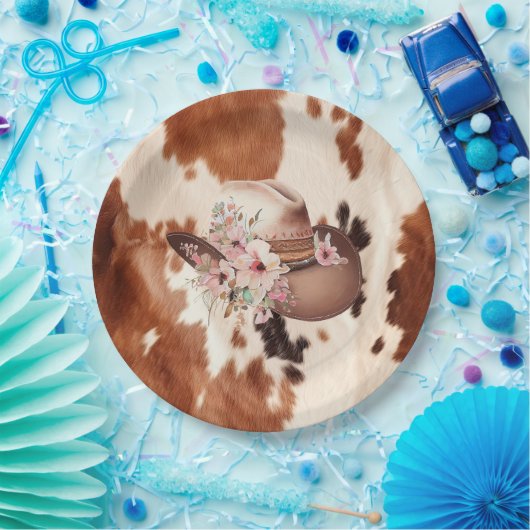 ウエスタンブラウンクリームフローラ女性のカーボーイハット ペーパープレート (パーティー)