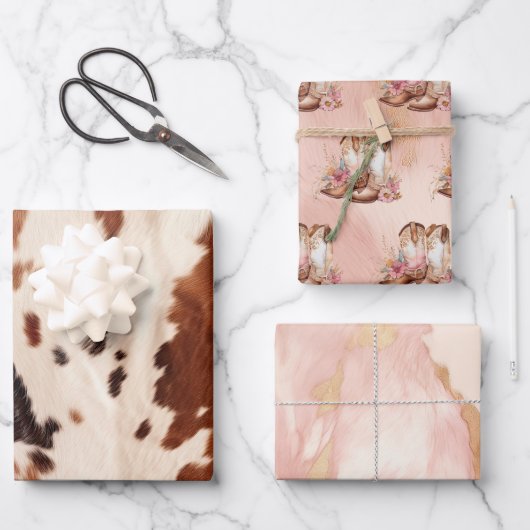 ウエスタンブラウンクリームフローラ女性のカーボーイブーツ ラッピングペーパーシート (正面)