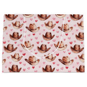 ウエスタンブラウンピンク女性のカーボーイハッツハート誕生日 ラージペーパーバッグ (正面)