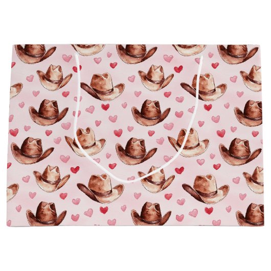 ウエスタンブラウンピンク女性のカーボーイハッツハート誕生日 ラージペーパーバッグ (正面)