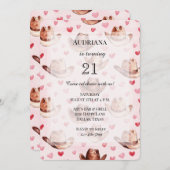 ウエスタンブラウンピンク女性のカーボーイハッツハート誕生日 招待状 (正面/裏面)