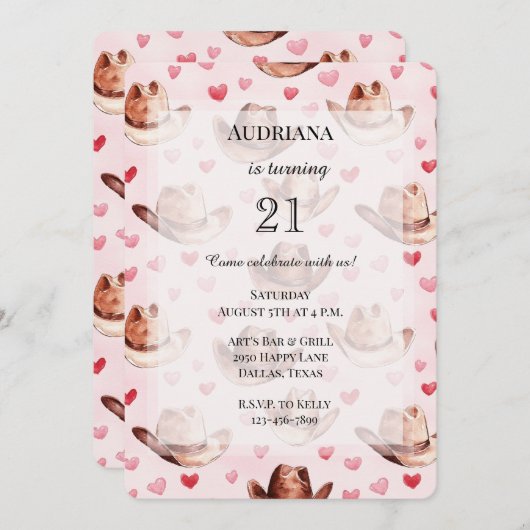 ウエスタンブラウンピンク女性のカーボーイハッツハート誕生日 招待状 (正面/裏面)