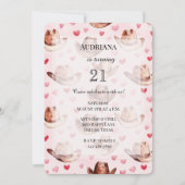 ウエスタンブラウンピンク女性のカーボーイハッツハート誕生日 招待状 (正面)