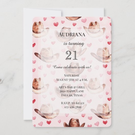 ウエスタンブラウンピンク女性のカーボーイハッツハート誕生日 招待状 (正面)