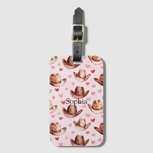 ウエスタンブラウンピンク女性のカーボーイハットハート ラゲッジタグ (正面縦)