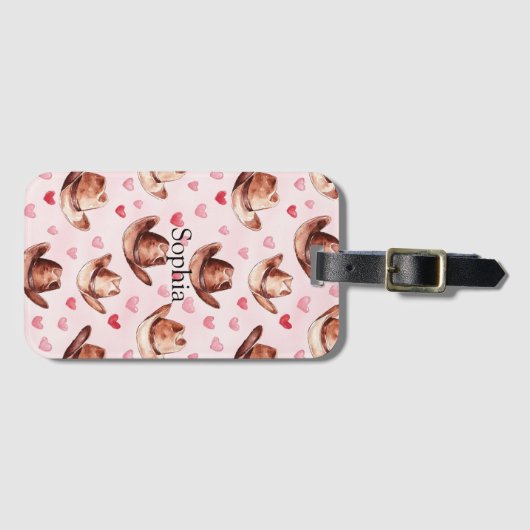 ウエスタンブラウンピンク女性のカーボーイハットハート ラゲッジタグ (正面横)