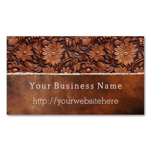ウエスタンブラウンフェイクレザーフローラ マグネット名刺 (正面)