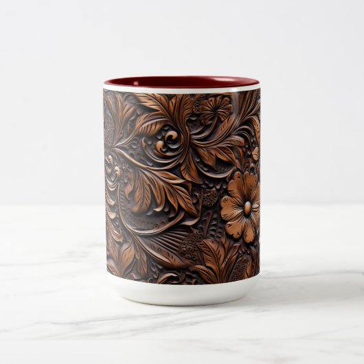 ウエスタンブラウンフローラフェイクレザー ツートーンマグカップ (中央)