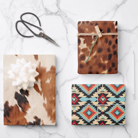 ウエスタンブラウンブラッククリームコウィドカウボーイ女性のカーボーイ ラッピングペーパーシート (正面)