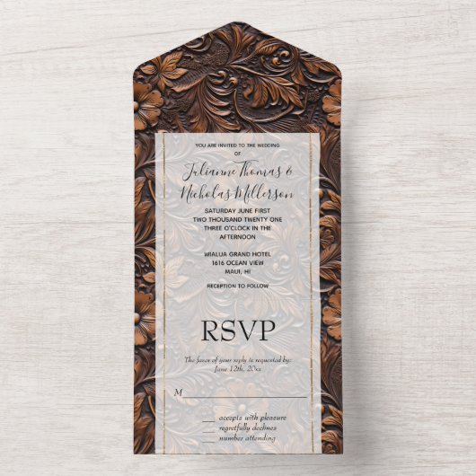 ウエスタンブラウン女性のカーボーイフローラ オールインワン招待状 (内側)