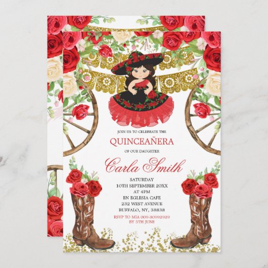 ウエスタンブラックドレスとレッドローズ15アノス 招待状 (正面/裏面)