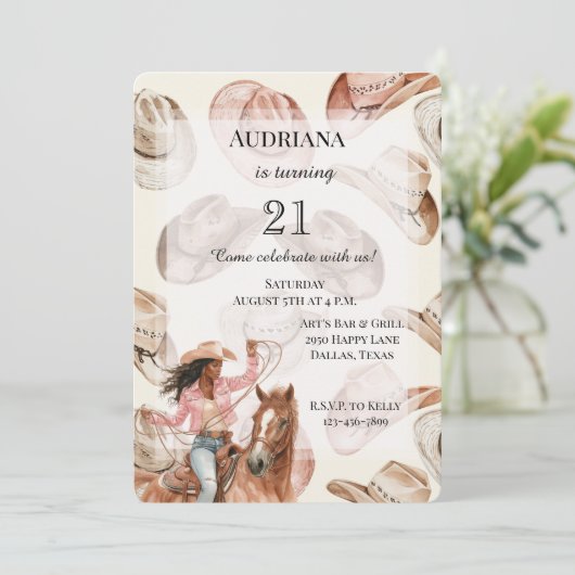 ウエスタンブラックブラウン女性のカーボーイハッツ誕生日 招待状 (スタンド正面)