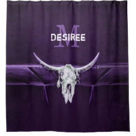 ウエスタンブルウスカルパープルホワイトモノグラム シャワーカーテン