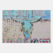 ウエスタンブルスカルティール(緑がかった色)ブルー素朴ヴィンテージ ラッピングペーパーシート (正面2)