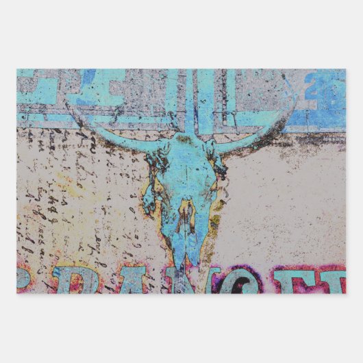 ウエスタンブルスカルティール(緑がかった色)ブルー素朴ヴィンテージ ラッピングペーパーシート (正面2)