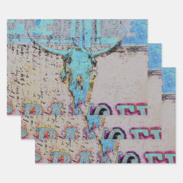 ウエスタンブルスカルティール（緑がかった色）ブルー素朴ヴィンテージ ラッピングペーパーシート