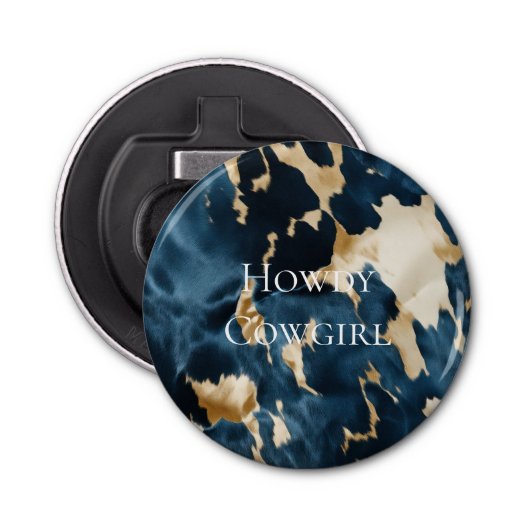 ウエスタンブルークリーム金ゴールドカウボーイ女性のカーボーイ牛追 栓抜き (正面)