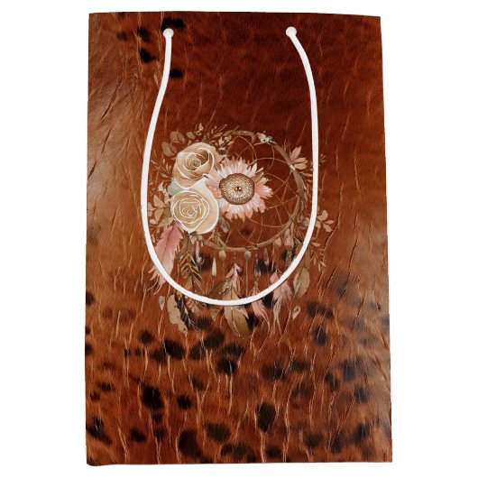 ウエスタンブルーピンクフローラドリームキャッチャー誕生日 ミディアムペーパーバッグ (正面)