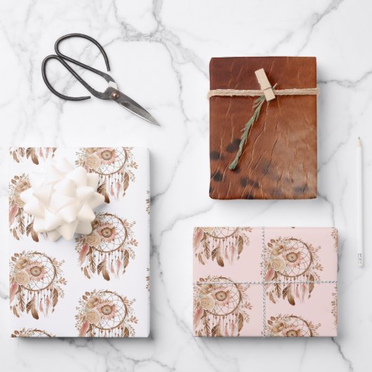 ウエスタンブルーピンクフローラドリームキャッチャー誕生日 ラッピングペーパーシート (正面)