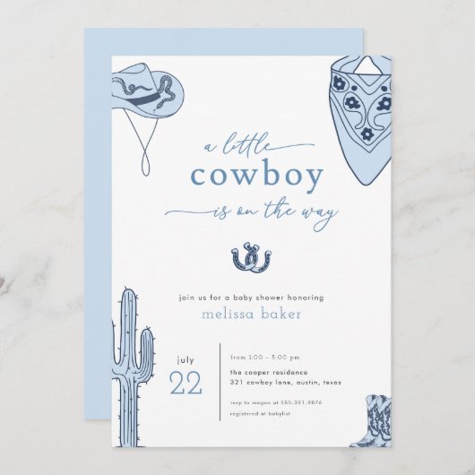 ウエスタンブルーリトルカウボーイベビーシャワー招待状 招待状 (正面/裏面)
