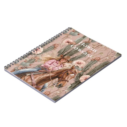 ウエスタンブロンド女性のカーボーイピンクサボテンフローラ ノートブック (左側)