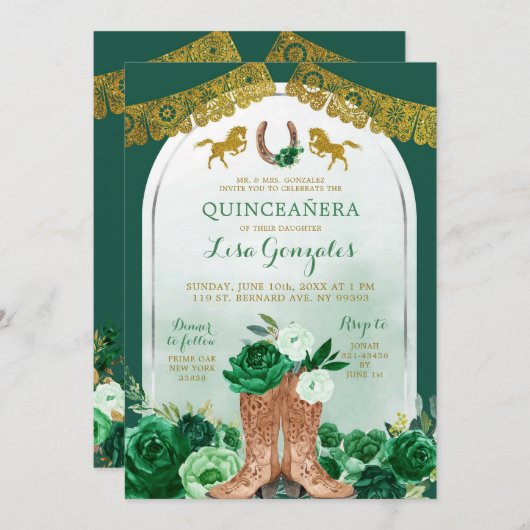 ウエスタンブーツエメラルドグリーンスペインのキンセアニェラ 招待状 (正面/裏面)