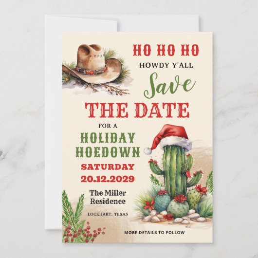 ウエスタンホリデーホームダウンサンタハットカウボーイパーティー セーブザデート (正面)